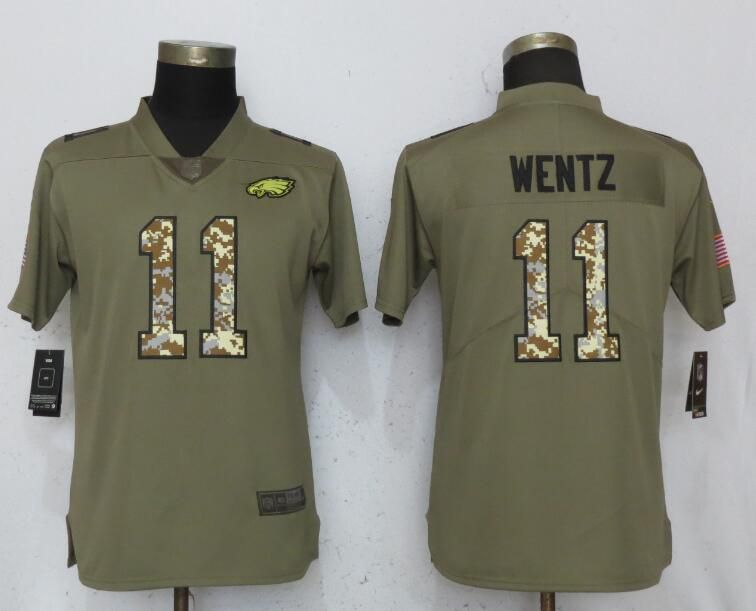 Women Philadelphia Eagles #11 Wentz Olive Camo Carson Nike Salute to Service Player NFL Jerseys->women nfl jersey->Women Jersey
